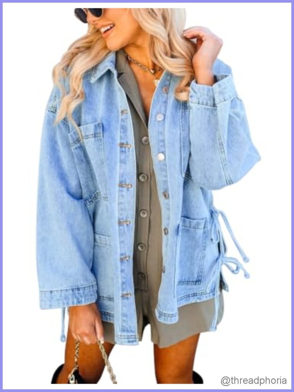 Oversized Denim Jacket Side Tie Bow Button Down Jean Jacket with Pockets